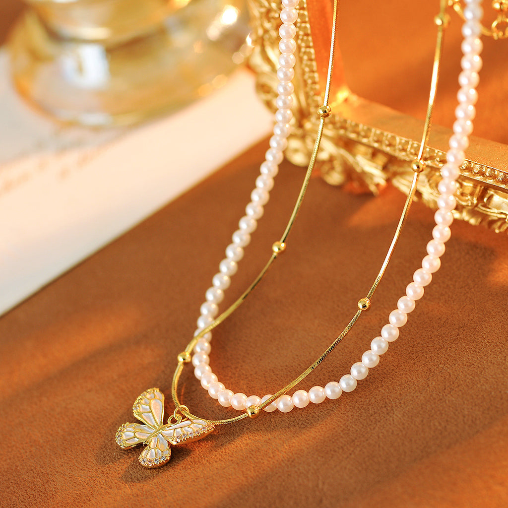 Butterfly Double Layer Necklace Pendant Fashion Versatile Collarbone Chain Light Luxury High-end Sense Elegant Jewelry