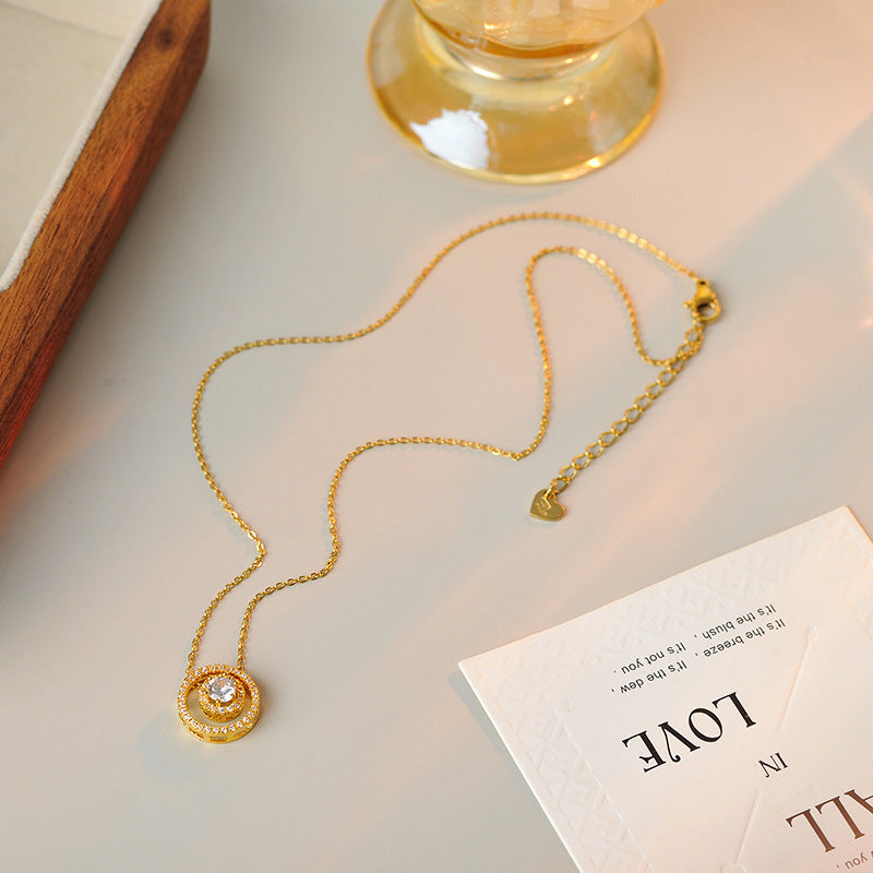 New Copper Plated 18K Gold Necklace Small Zircon Mini Exquisite Vintage Round Pendant Japanese Style Hanging Pendant