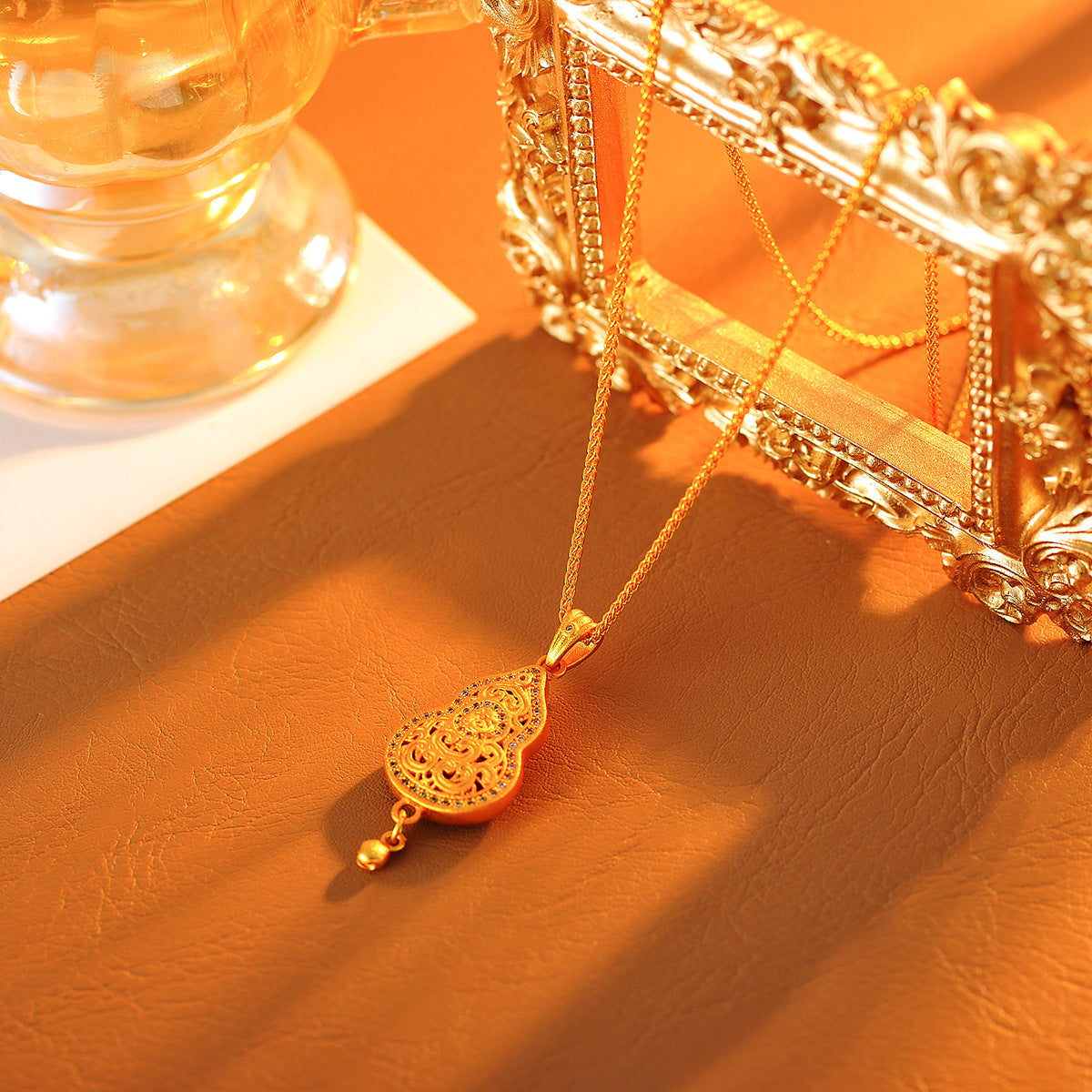 Real Gold Plated Gourd Pendant Necklace New Chinese Style Retro Gold Sweater Chain Jewelry