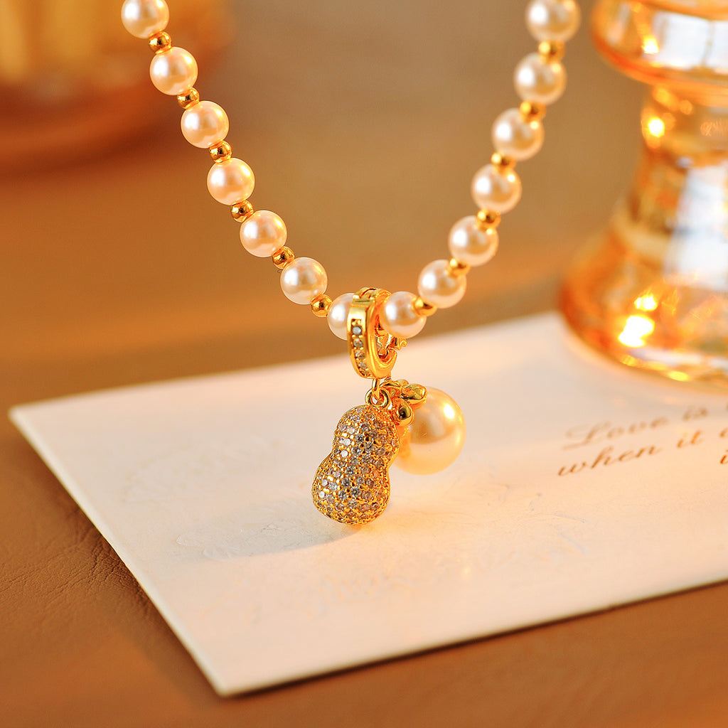 2025 New Real Gold Plated Good Things Peanut Pearl Necklace Light Luxury Niche Versatile Collarbone Chain for Women