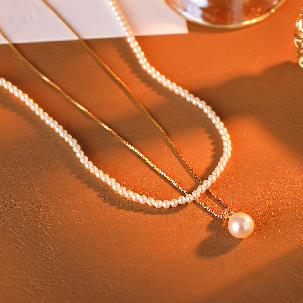 Shijia Zhenduo Hemp Single Pearl Pendant Necklace Autumn Winter Sweater Chain Elegant Double Layer Stacked Necklace