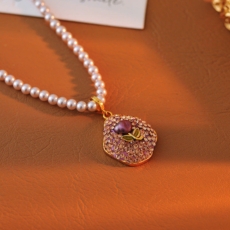 New Pearl Flower Necklace Full Inlaid with Colorful Zircon Purple Flower Necklace Fashionable Elegant High-end Necklace for Women