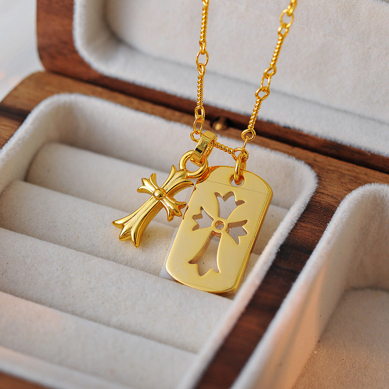 Crowe Full Diamond Double Cross Necklace European and American Trend Retro Inlaid Jewelry Unisex Collarbone Chain