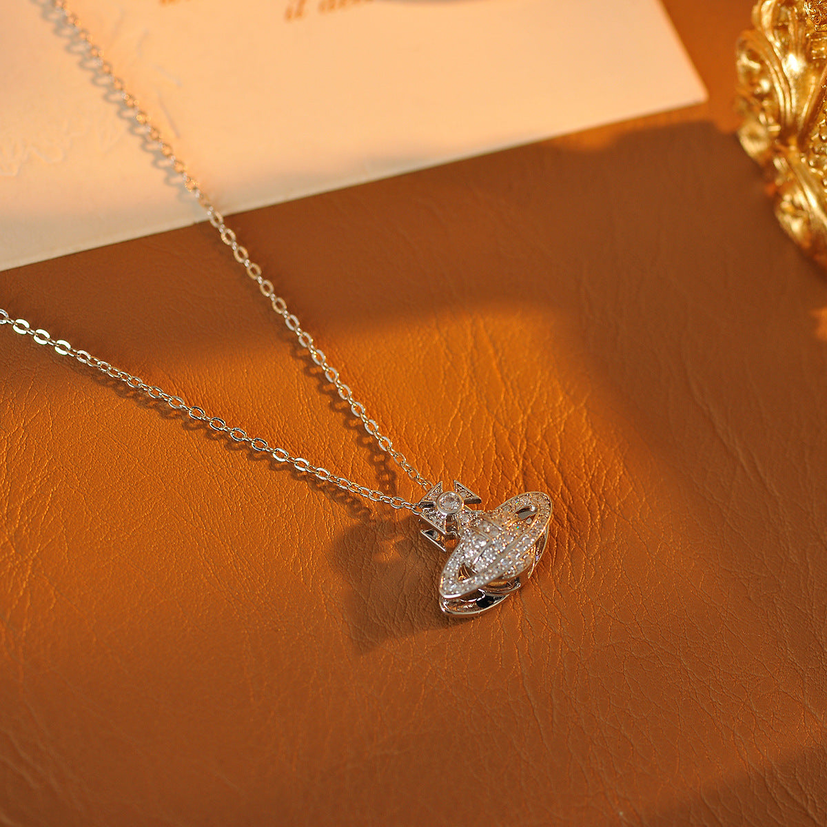 Silver Saturn Pendant Necklace Light Luxury High-end Niche Design New Exquisite Planet Collarbone Chain Jewelry