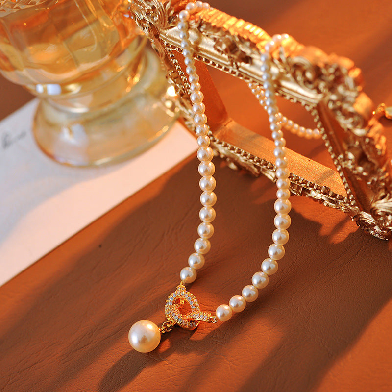 Real Gold Plated Pearl Zircon Knot Pendant Necklace Exquisite Fashionable Light Luxury High-end Feel