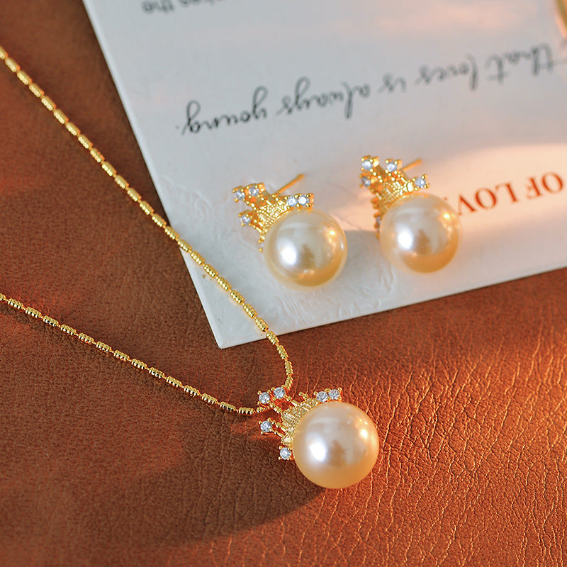 Dream Castle Princess Necklace French Court Style Shijia Pearl Collarbone Chain 18K Gold Plated Pearl Earrings Set for Women