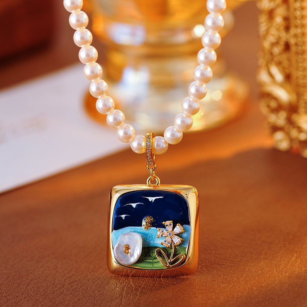 New Monet Garden Oil Painting Style High-end Necklace for Women Baroque Pearl Flower Necklace