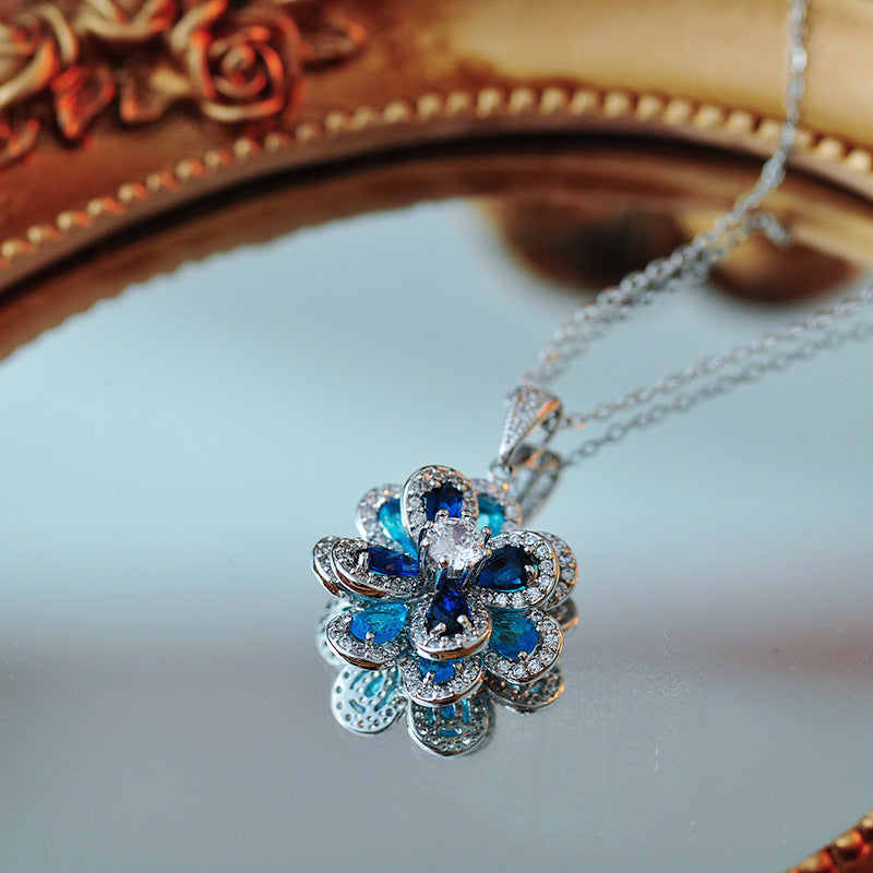 European and American Style Colorful Blue Zircon Flower Necklace Simple Three-Dimensional Camellia Pendant