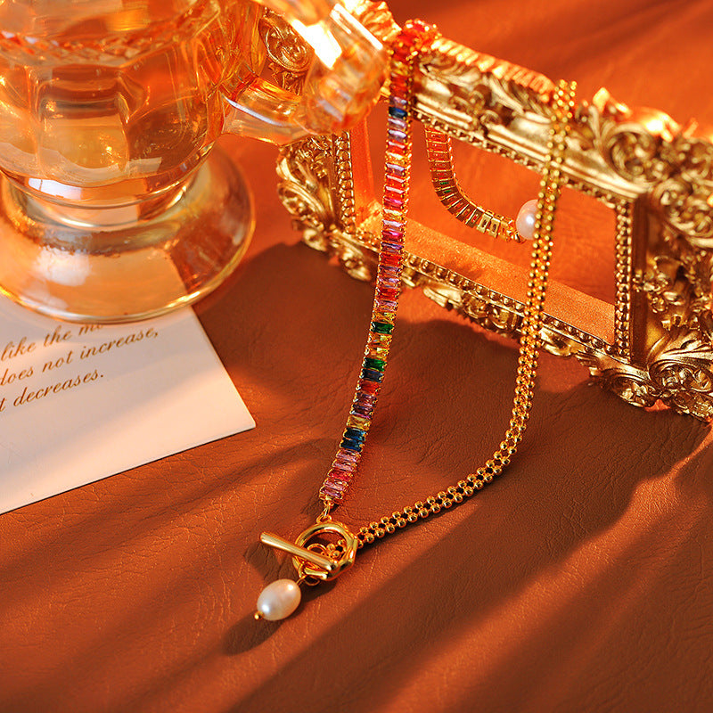 European and American Fashion OT Buckle Zircon Freshwater Pearl Necklace Autumn Winter Light Luxury Niche Exquisite Versatile High-end Clavicle Chain