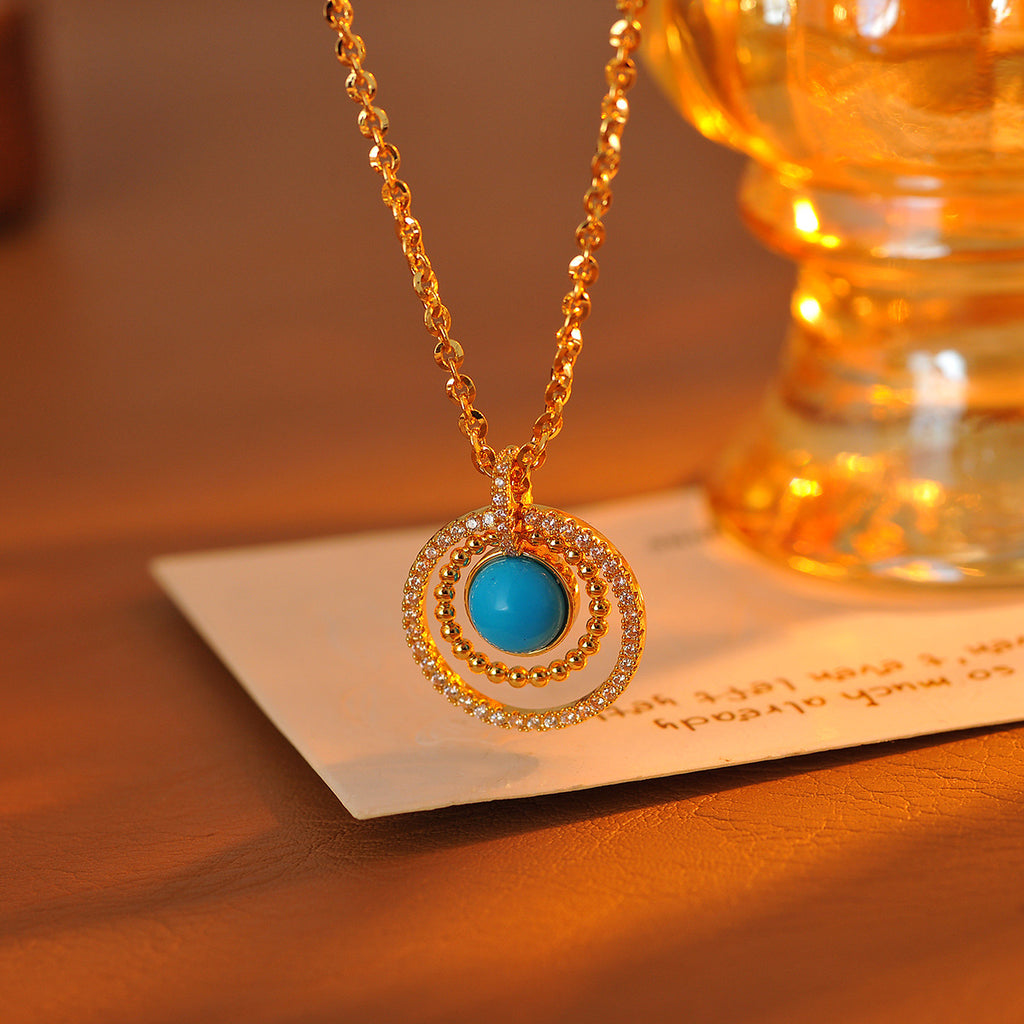 French Style Light Luxury High-End Vintage Full Diamond Turquoise Pendant Necklace Exquisite Retro Collarbone Chain