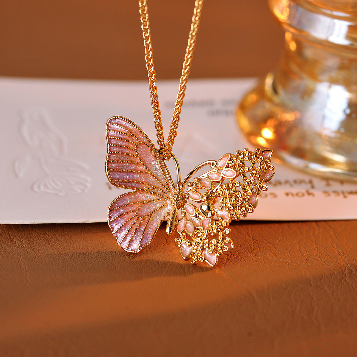 Real Gold Plated Light Luxury Osmanthus Half-Sided Butterfly Pendant New Chinese Style Dreamy Blossom Butterfly Necklace