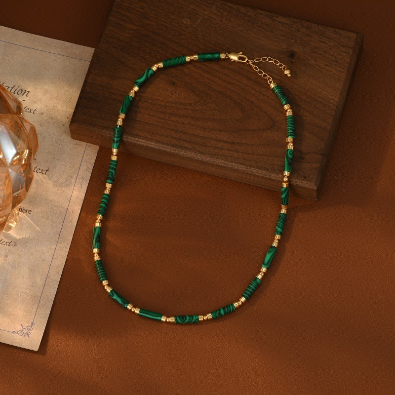 Natural Malachite Beaded Necklace for Women, Emerald Green Gemstone, Light Luxury Niche New Sweater Choker