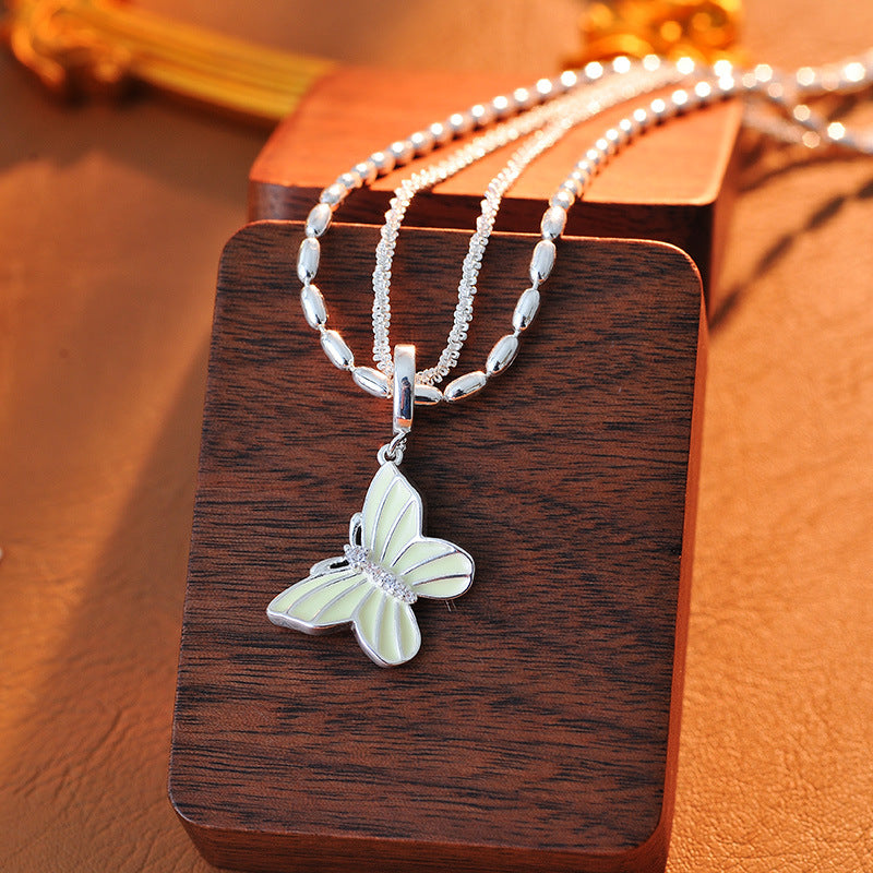 Silver Double Layer Butterfly Necklace Elegant Versatile High-end Gentle Sweet Fairy Niche Collarbone Chain A10134