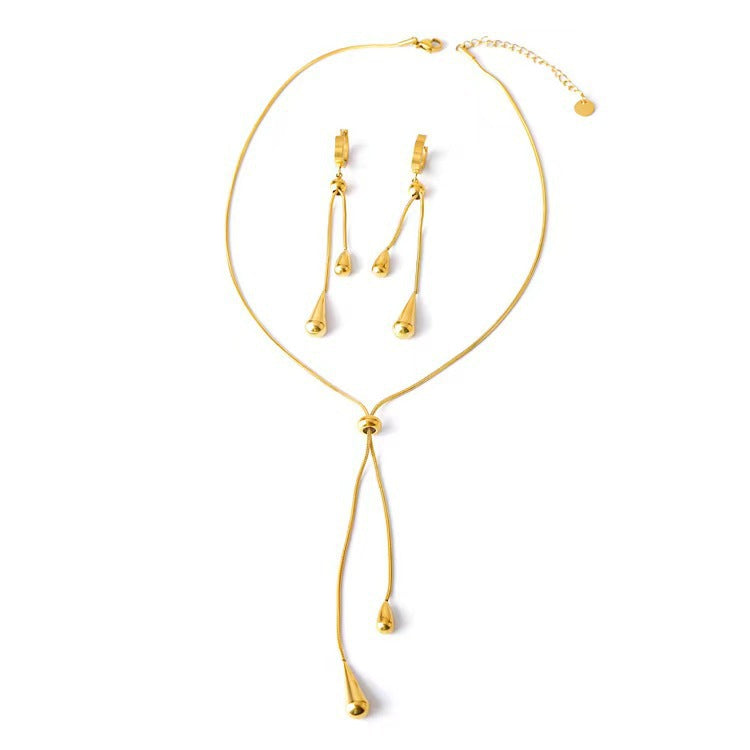 Korean Version New Water Drop Pull-out Earrings Pendant Set Tassel Adjustable Titanium Steel Non-fading Snake Bone Chain Women's Accessories