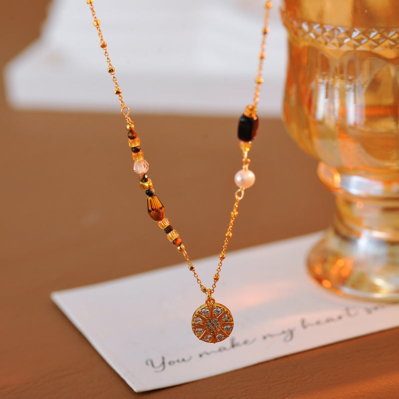 Full Diamond Eight-Pointed Star Round Pendant Necklace Beaded 2025 New Light Luxury Niche Autumn Winter Sweater Chain