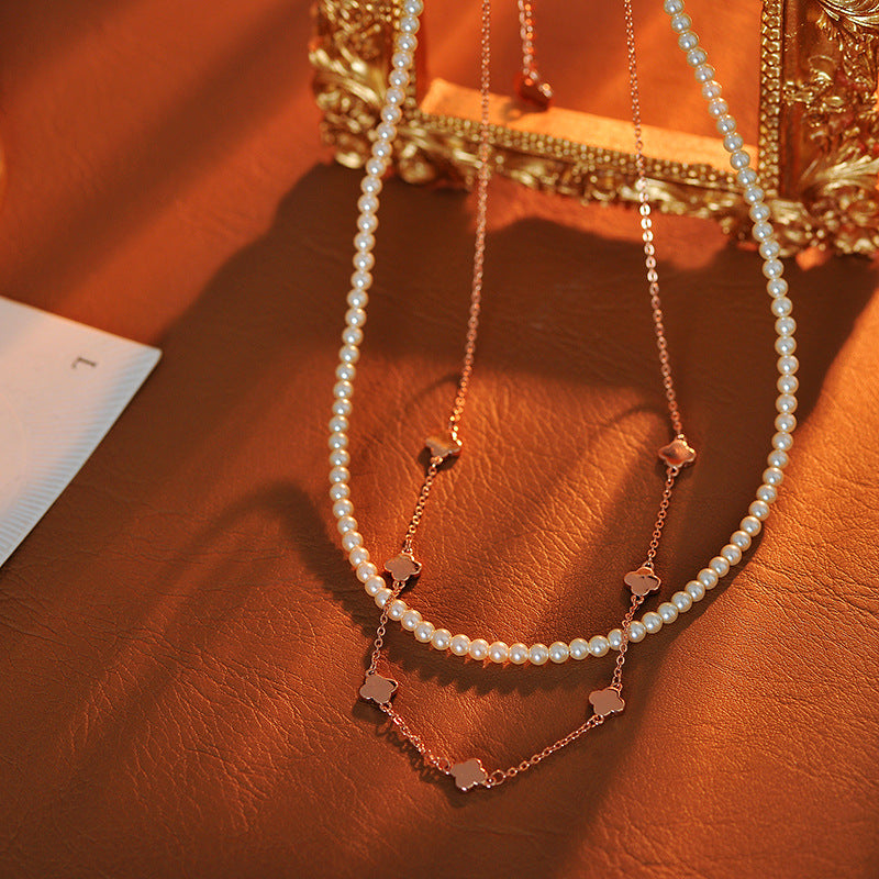 Graceful Luxury High-End Pearl Layered Necklace Personality Versatile Four-Leaf Clover Elegant Luxurious Exquisite Niche Design