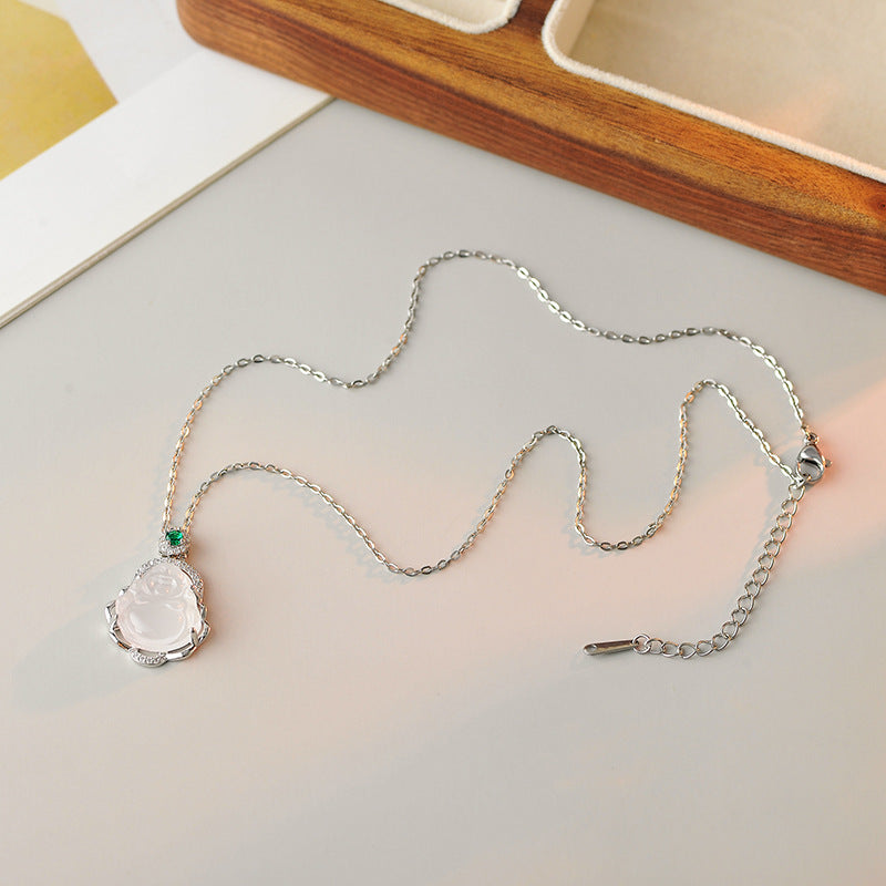 New Chinese Style Necklace for Women, White Chalcedony Miluo Buddha Necklace, Niche Summer High-end Necklace for Women