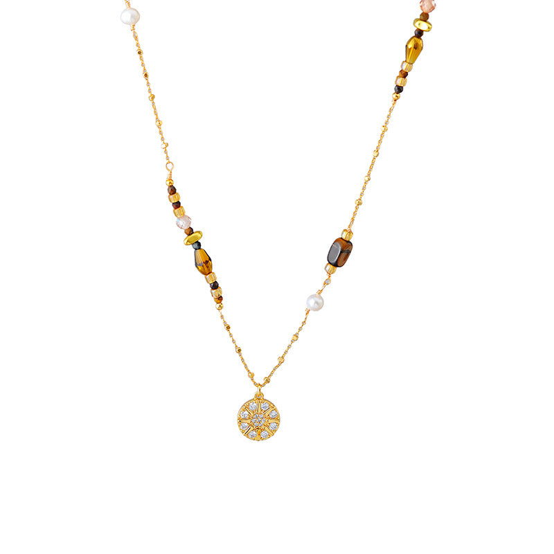 Full Diamond Eight-Pointed Star Round Pendant Necklace Beaded 2025 New Light Luxury Niche Autumn Winter Sweater Chain