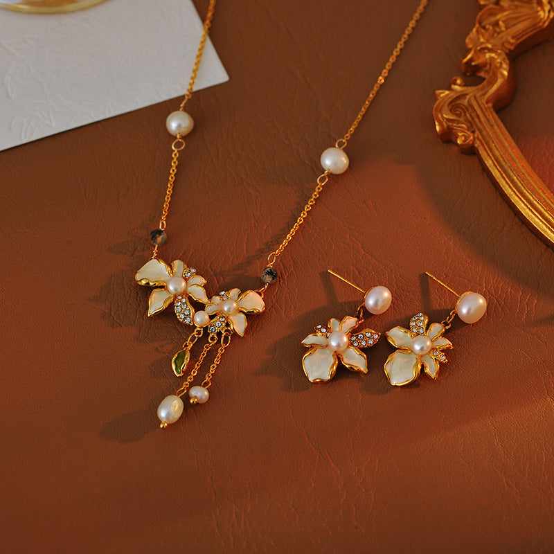Lily Flower Fresh Style Diamond Design Enamel Painting Oil New Chinese Style Freshwater Pearl Necklace Versatile Earrings for Women