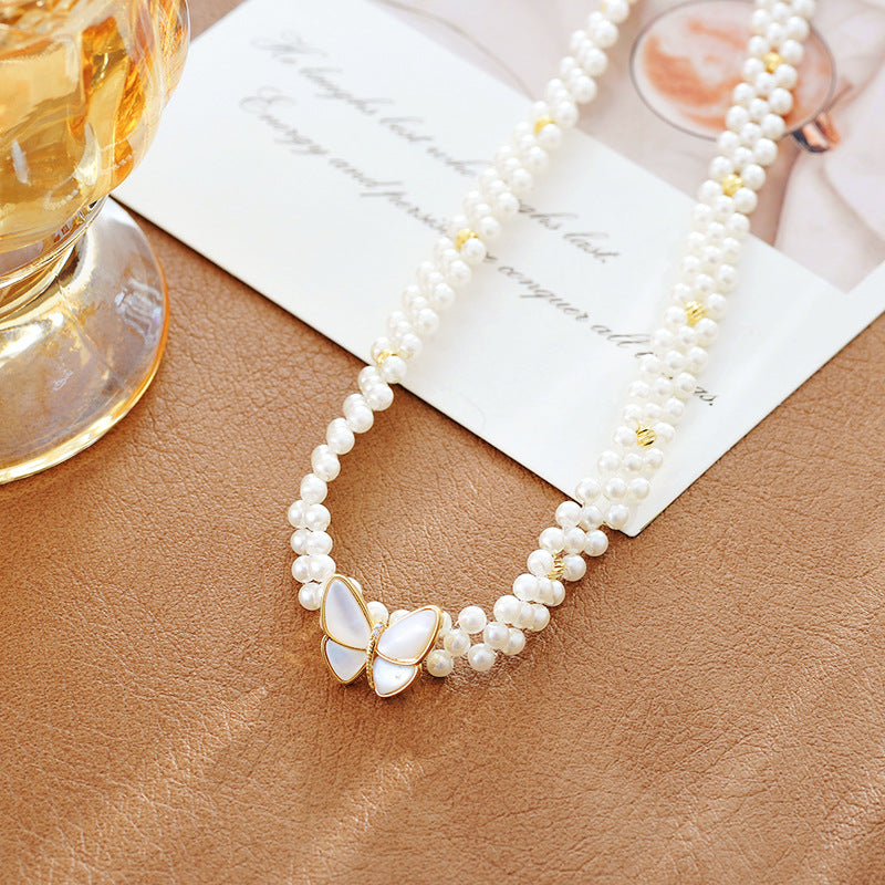 Internet Celebrity Style Butterfly Necklace New Pearl Light Luxury Niche Short Summer Collarbone Chain Sweet Design Jewelry