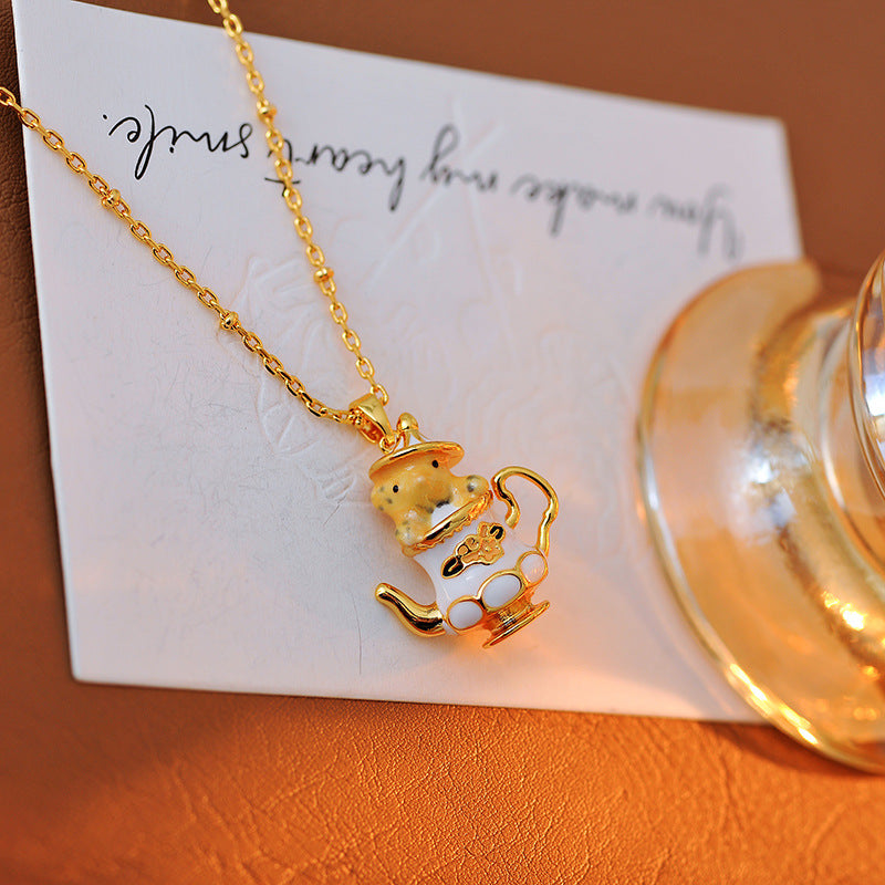 Original Gold-Plated Hand-Painted Enamel Color Glaze Cute Pet Fun Design Cartoon Teapot Chipmunk Necklace for Women
