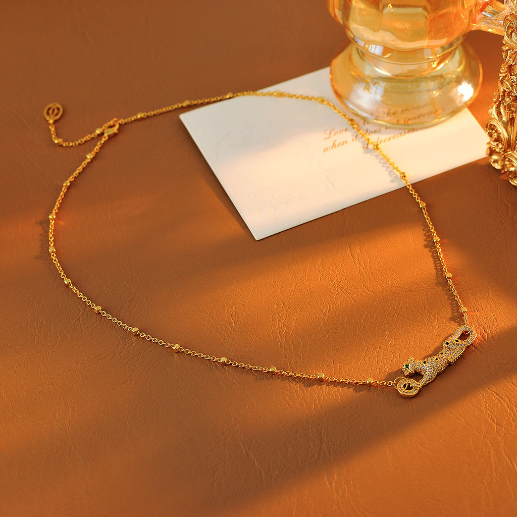 European and American Fashion Enamel Painted Lying Leopard Short Necklace Layered Full Diamond Small Leopard Collarbone Chain for Women