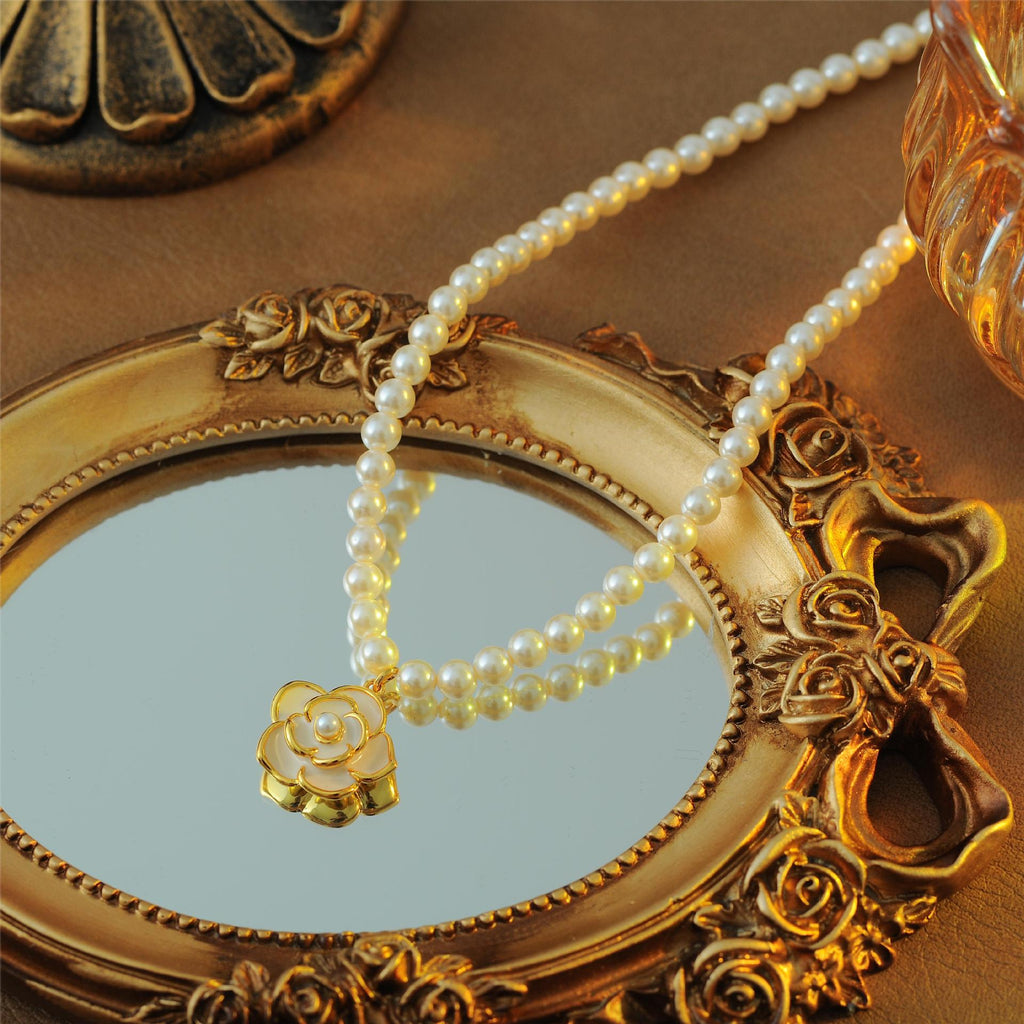French Style High-End Imitation Shijia True Round Pearl Necklace Elegant Light Luxury Camellia Necklace Vintage A10049