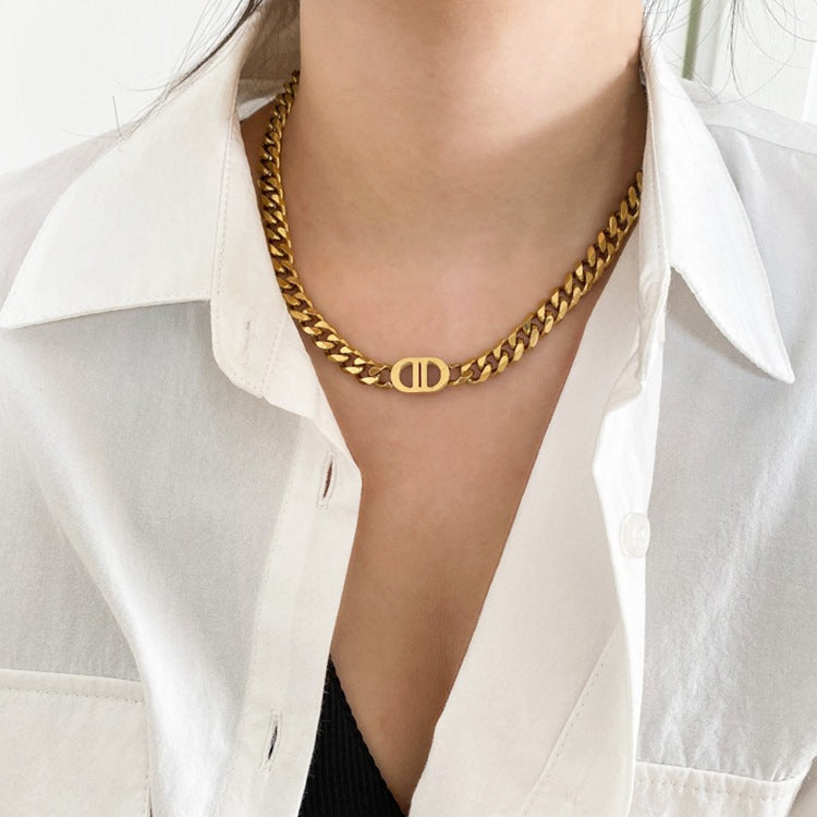 Heavy Industry High-Quality Thick Chain Gold Letter Titanium Steel Necklace for Women European and American Ins Internet Celebrity Hip-Hop Short Clavicle Chain Bracelet