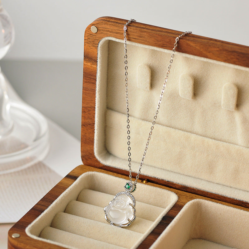 New Chinese Style Necklace for Women, White Chalcedony Miluo Buddha Necklace, Niche Summer High-end Necklace for Women
