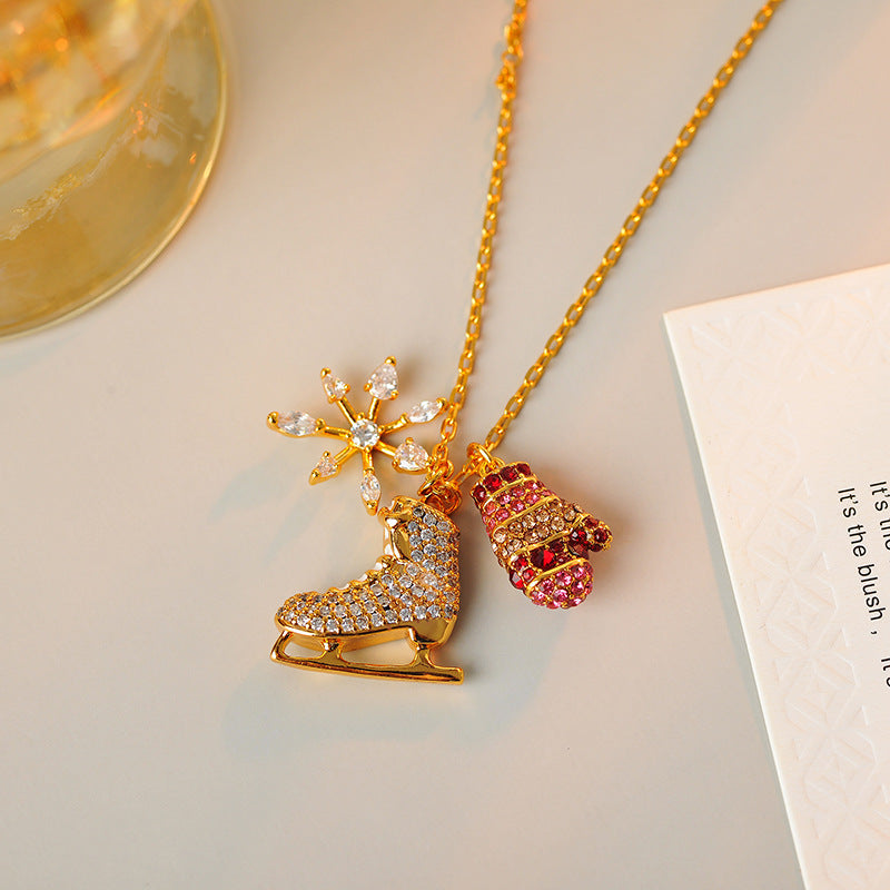 New Fashion Light Luxury Sweet Cute Zircon Inlaid Gloves Ice Skates Flower Niche Women's Necklace