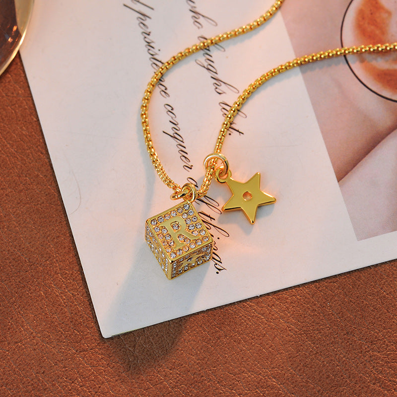 European and American Light Luxury Inlaid Full Zircon DR Letter Necklace Jewelry Small Square Pendant Fashion Personality Tassel Choker