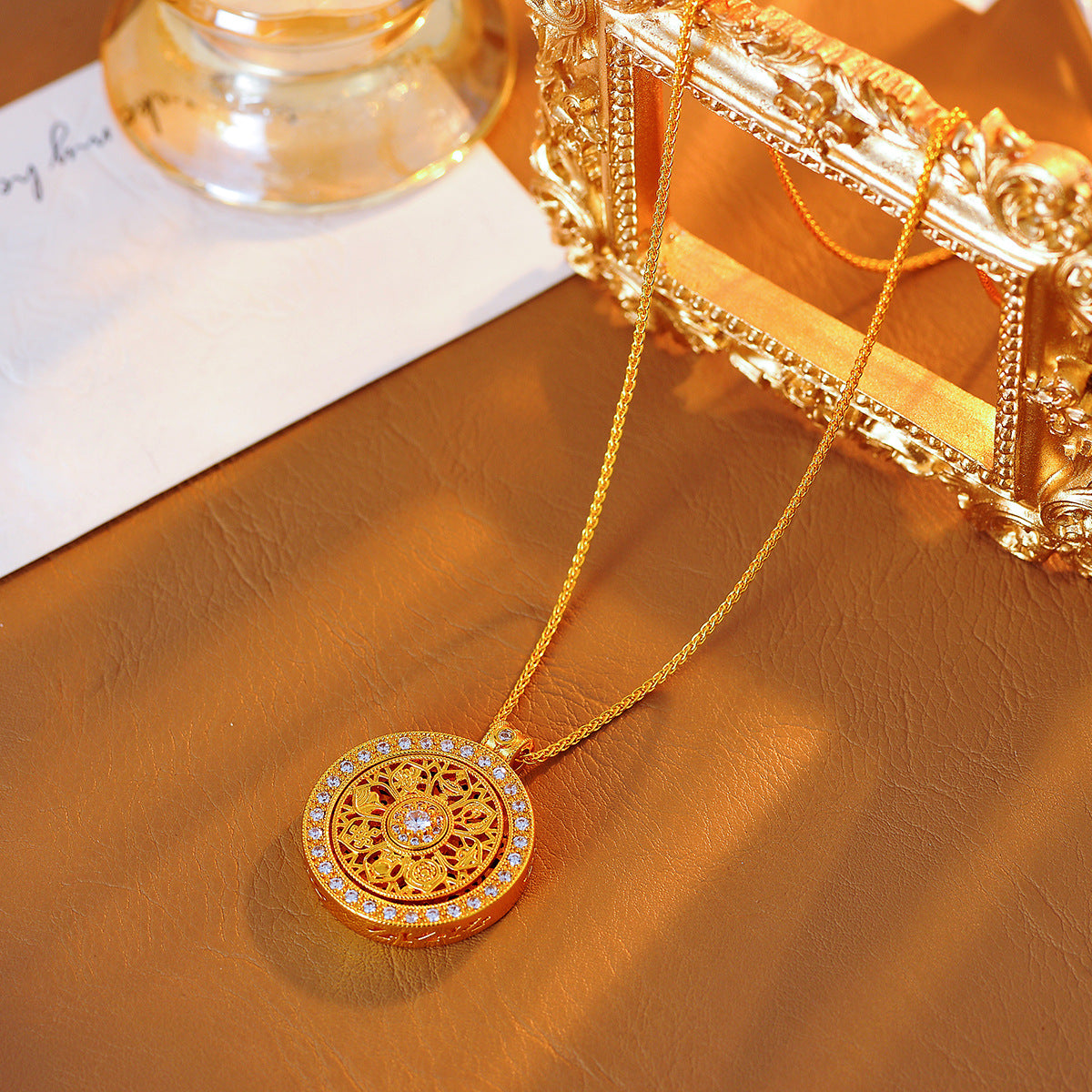 Gold Shop Same Style Ancient Method Sand Gold Inlaid with Diamonds Auspicious Eight Treasures Compass Necklace Pendant Rotatable Sweater Chain