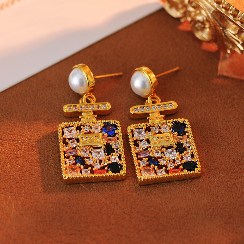 Korean Style Light Luxury Colorful Zircon No. 5 Square Earrings Necklace Versatile High-End Fashion Necklace Pendant