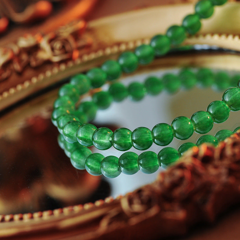 Chinese Ethnic Style Ice Transparent Green Agate Chalcedony Real Stone Beaded Simple Personality Short Necklace Clavicle Chain A10194