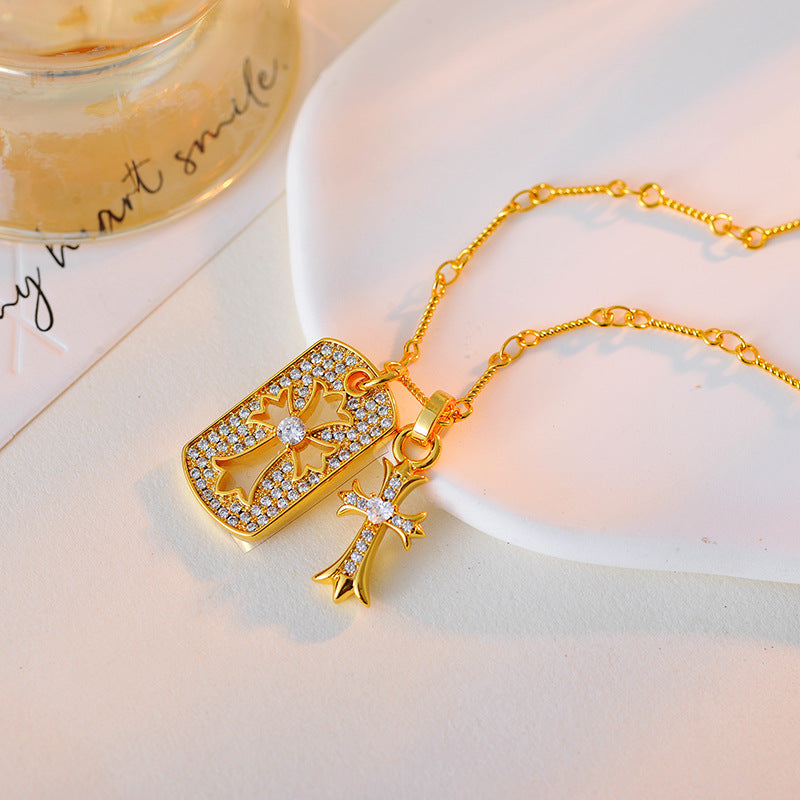 Crowe Full Diamond Double Cross Necklace European and American Trend Retro Inlaid Jewelry Unisex Collarbone Chain