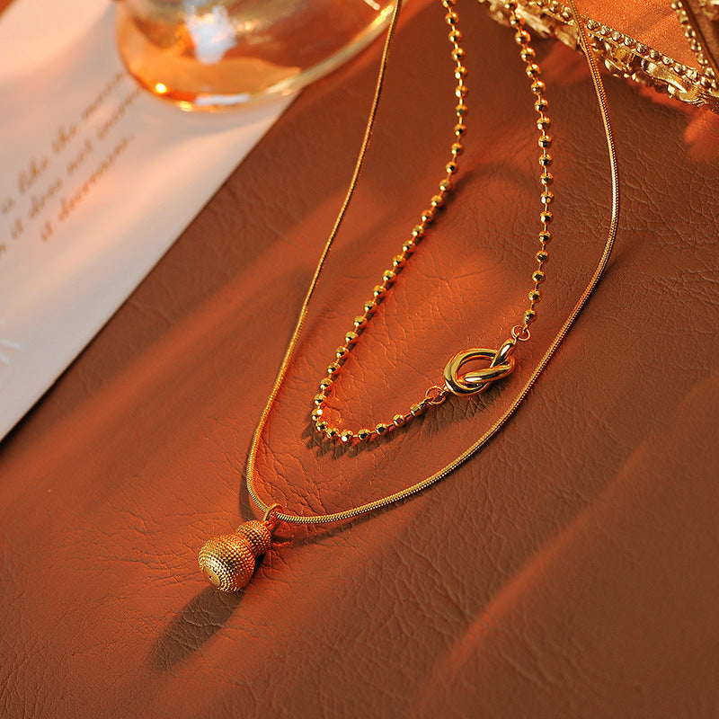 French Style Double Layer Stacked Gold Gourd Necklace Round Bead Chain Simple Elegant High-end Clavicle Chain Neck Chain