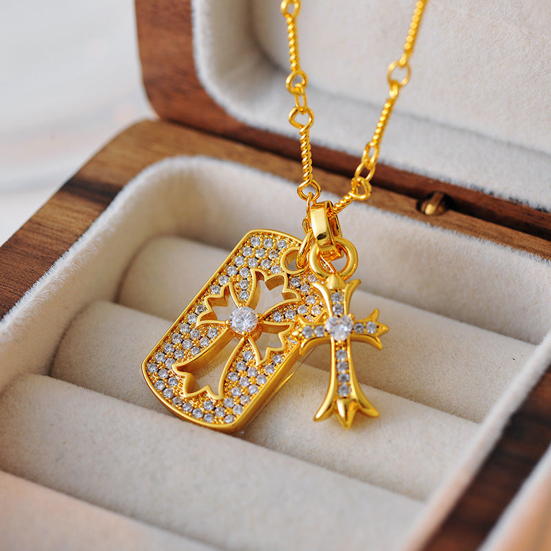 Crowe Full Diamond Double Cross Necklace European and American Trend Retro Inlaid Jewelry Unisex Collarbone Chain