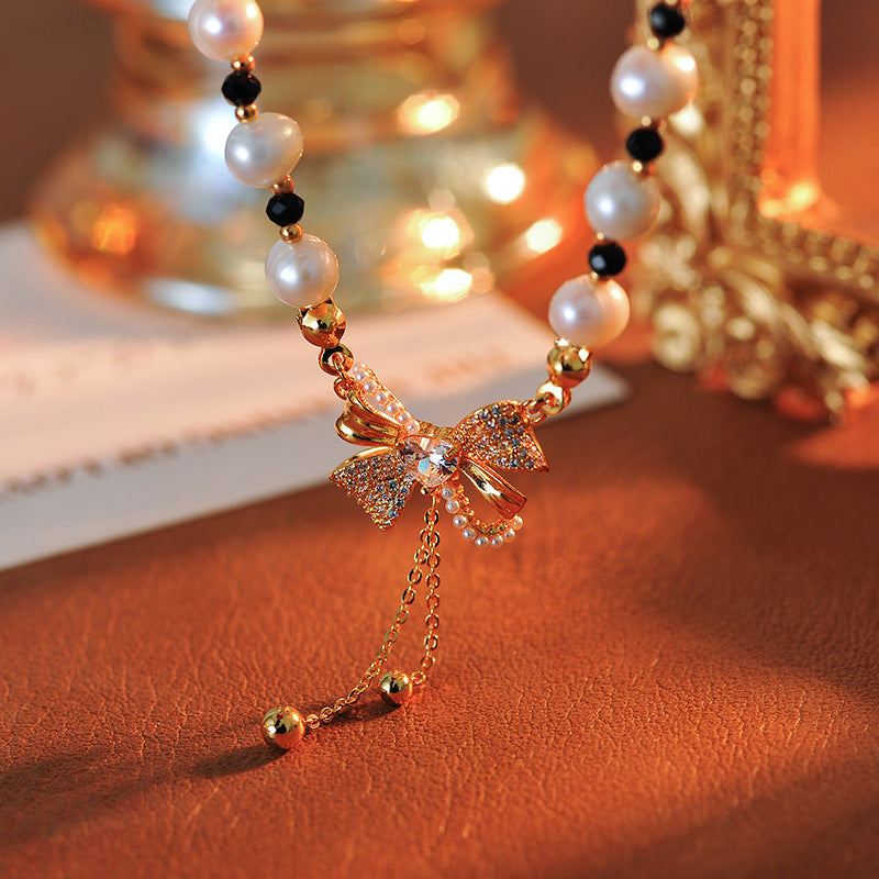 Trendy Bowknot Beaded Necklace for Women, Unique Design, Sweet and Versatile Collarbone Chain, Super Fairy