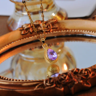 Elegant Versatile Purple Zircon Water Drop Necklace for Women, Light Luxury High-End Durian Pendant, Summer New Collarbone Chain Necklace