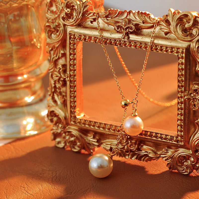 Light Luxury Fashion Design Natural Pearl Collarbone Necklace Strong Light Small Bulb Y-shaped Choker Simple Elegant Women's Ins Trend