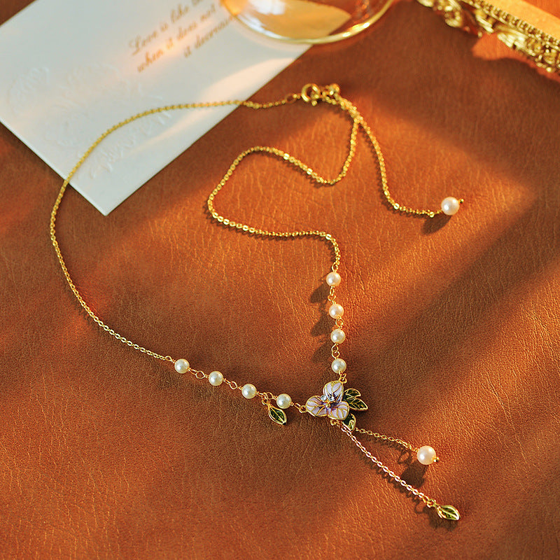2025 Women's New Forest Style Freshwater Pearl Enamel Oil Drop Purple Flower Elegant Fashion Necklace