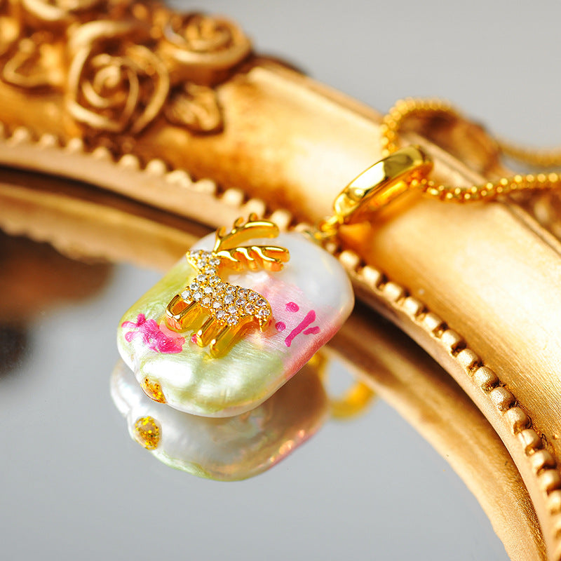 Colorful Natural Pearl Deer Pendant Necklace for Women New Hot-Selling High-End Zircon Collarbone Chain