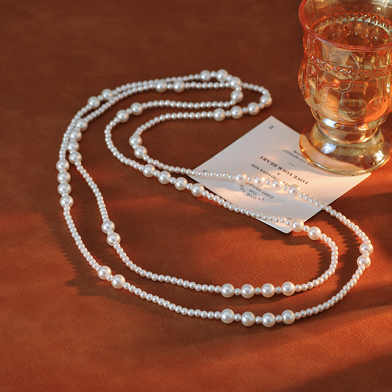 Autumn Winter Trendy Korean Style Elegant Fashion Large and Small Pearl Irregular Spaced Long Multi-layer Stacked Necklace Sweater Chain