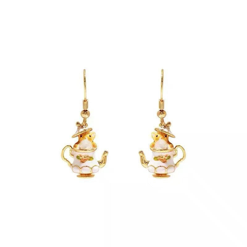 Original Gold-Plated Hand-Painted Enamel Color Glaze Cute Pet Fun Design Cartoon Teapot Chipmunk Necklace for Women