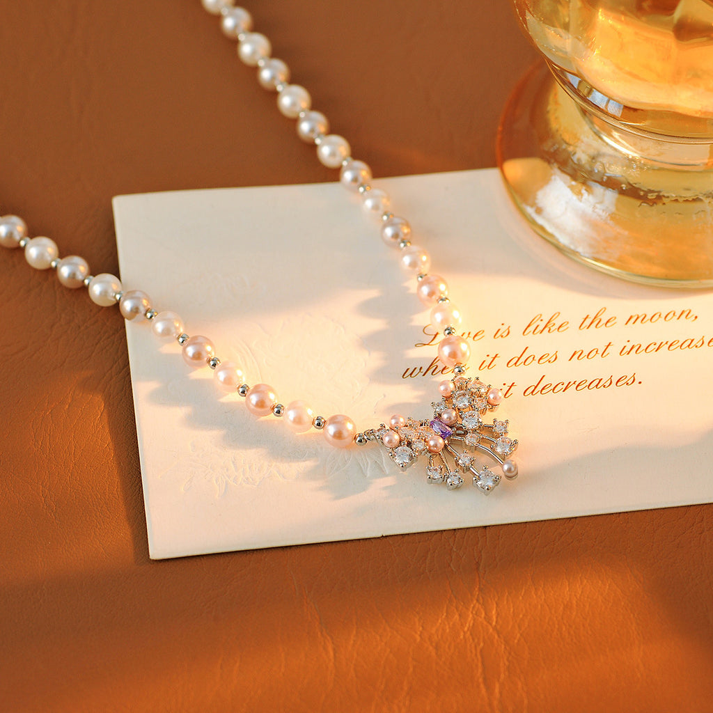 French Retro Shijia Pearl Necklace Light Luxury Niche Tassel Bowknot Choker Fashion Collarbone Chain