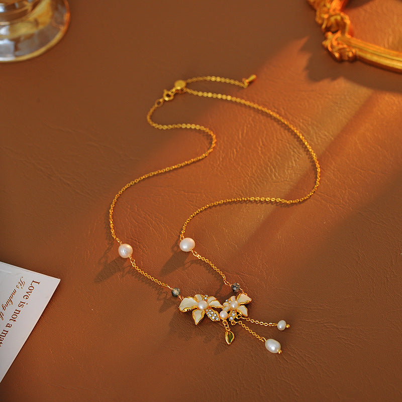 Lily Flower Fresh Style Diamond Design Enamel Painting Oil New Chinese Style Freshwater Pearl Necklace Versatile Earrings for Women