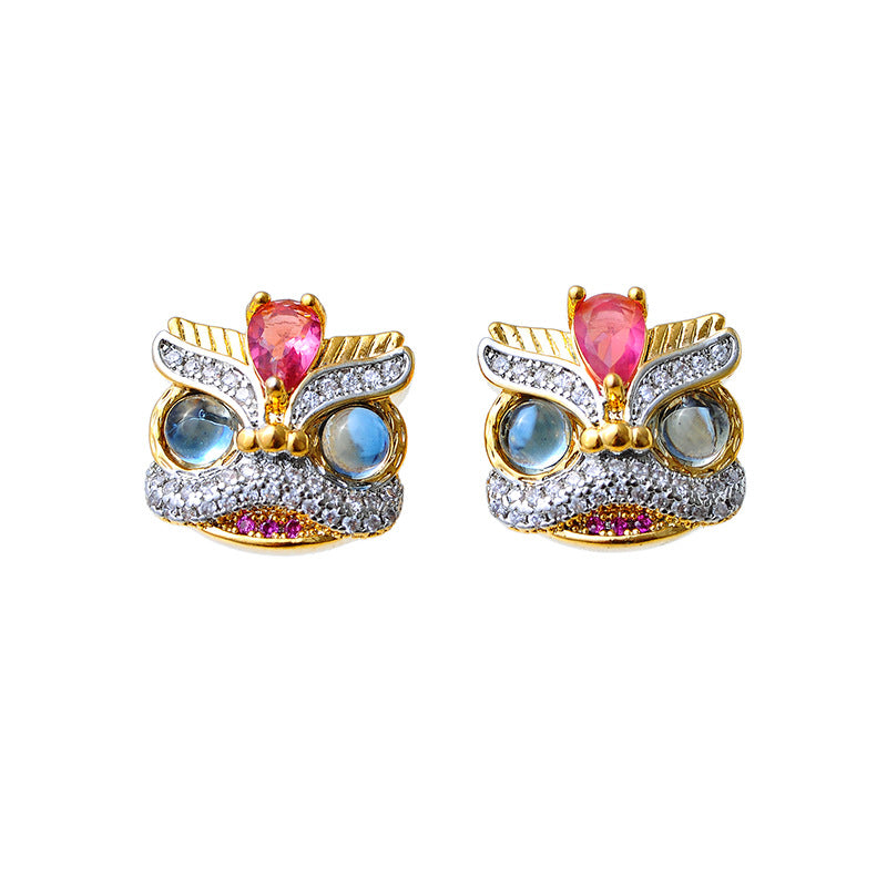 New Chinese Style Lion Dance Set Heavy Craft Light Luxury Earrings Necklace Bracelet Lion Coming Luck Colorful Gemstone Earrings Pendant Necklace