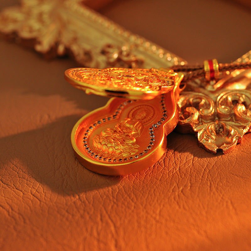 New Chinese Style Ancient Method Hollow Gourd Necklace with Inlaid Diamonds Guanyin Blessing Pendant Three-Dimensional New Light Luxury Non-Fading Pendant