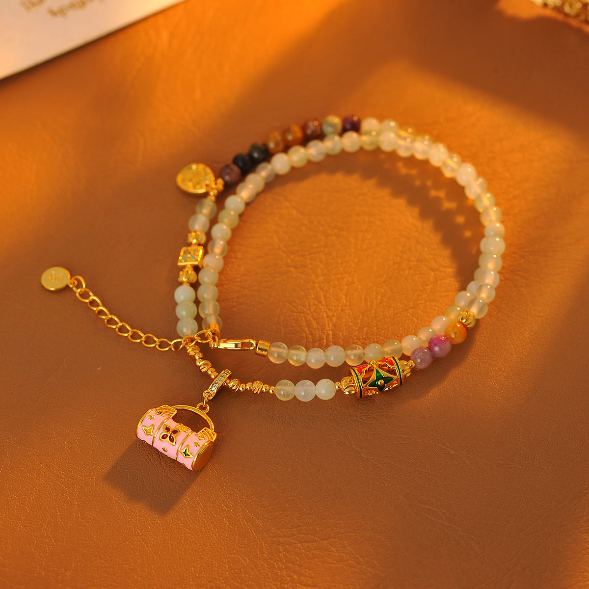 New Chinese Style Colorful Stone Necklace for Women Enamel Drop Glaze Lock Bag Pendant Neck Chain Light Luxury Exquisite Beaded Collarbone Chain