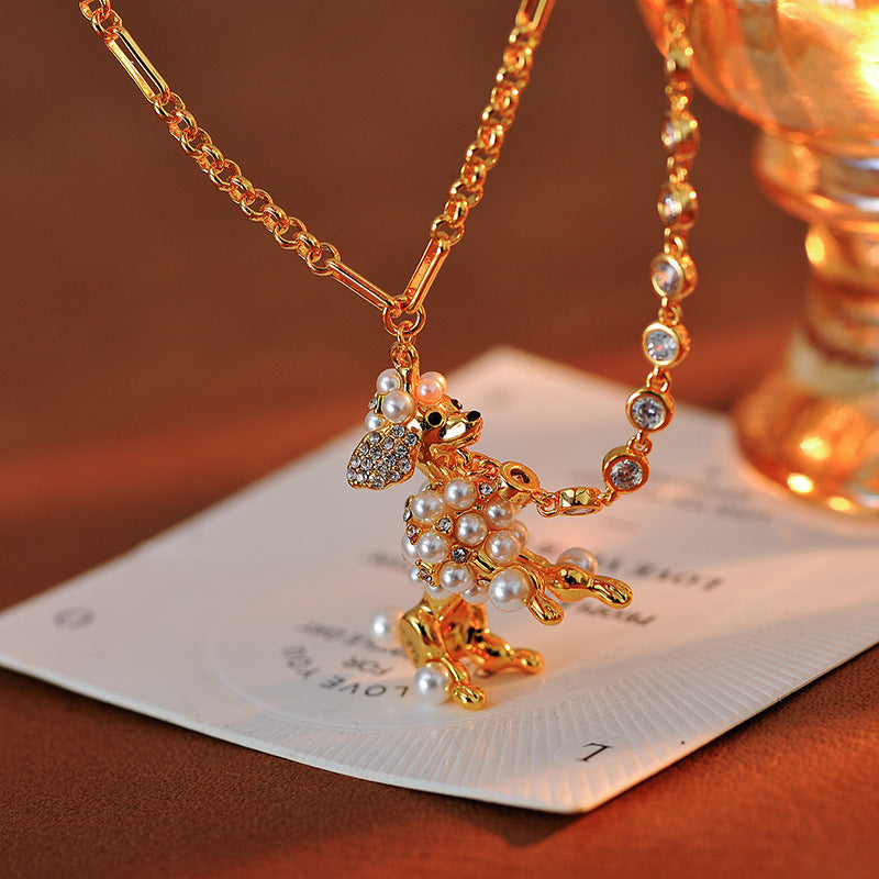 European and American Jewelry Creative Personality Sparkling Diamond Fun Cute Pearl 3D Dog Shape Necklace